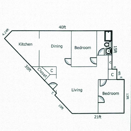 Floor plan for 2 beds, 1 bath, 1038 sqft